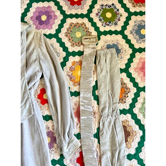 Vintage 1960s Homemade Dress Pale Blue Velvet Silk Lining Belts Wounded Bird - Picture 7 of 16